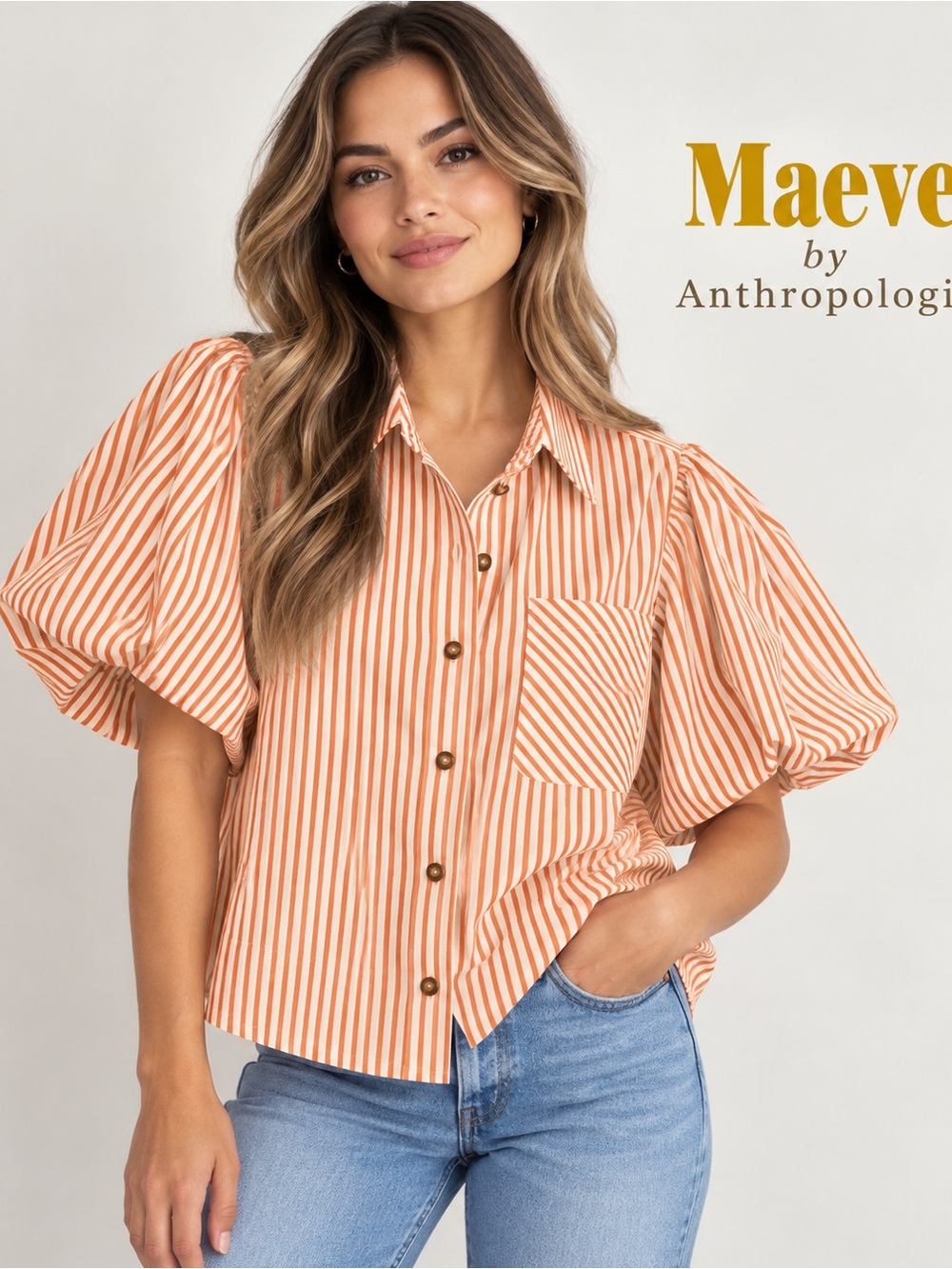 Anthropologie Orange Striped Puff-Sleeve Button-Up Top size M
